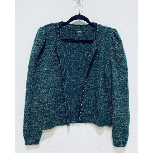 Express Cardigan Sweater Womens Medium Green Glitter Puffy Sleeve Cottagecore - Picture 3 of 7